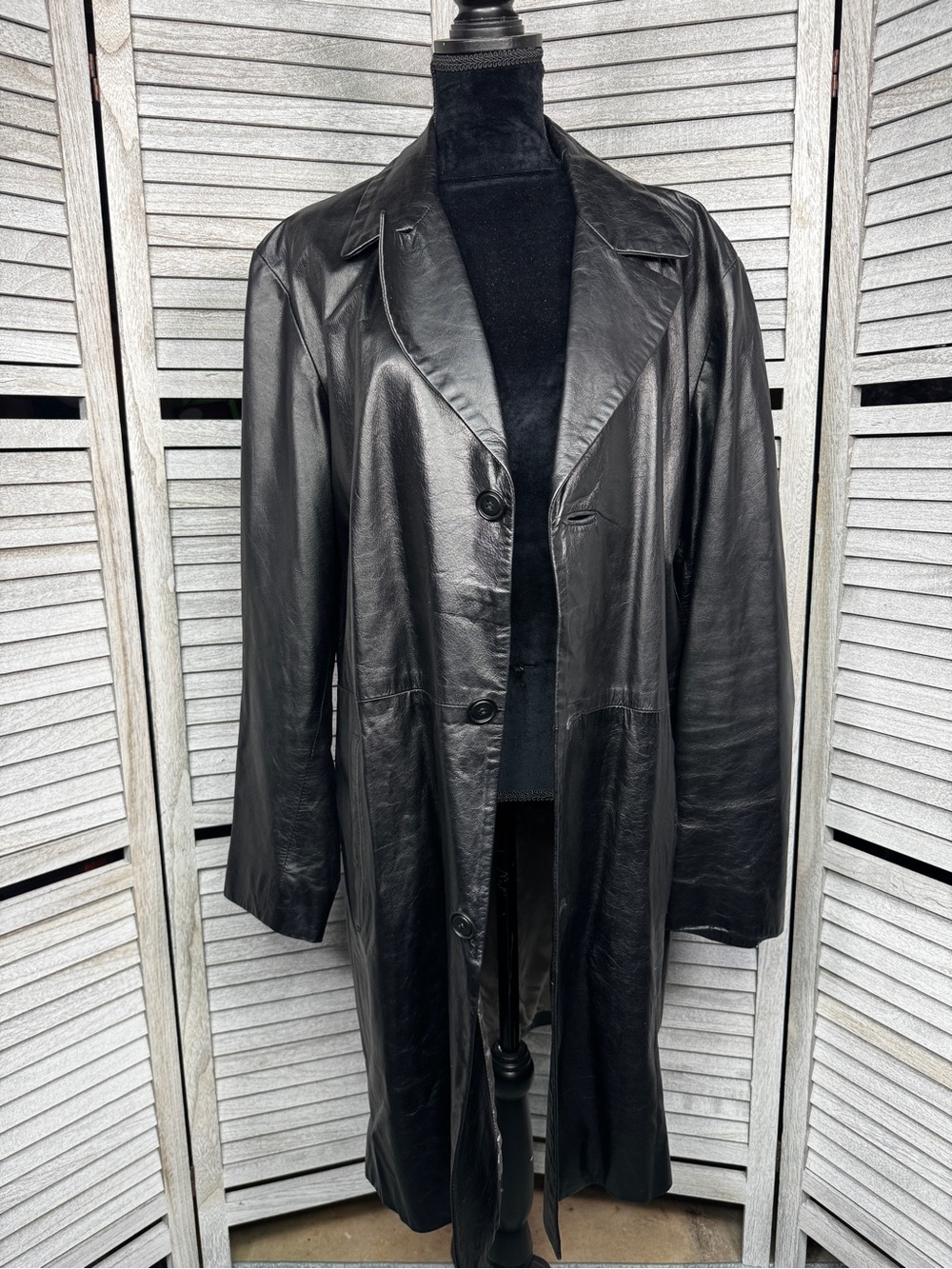 Vintage Michael Max Black Genuine Leather Trench Coat Long Jacket Size 42